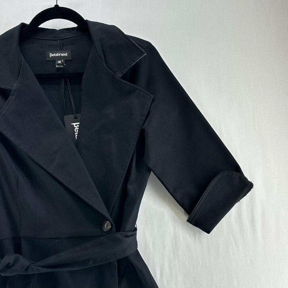 Betabrand Wrap Jacket Dress Womens M Trench Coat Pockets Belted 3/4 Sleeve Black - Picture 7 of 13